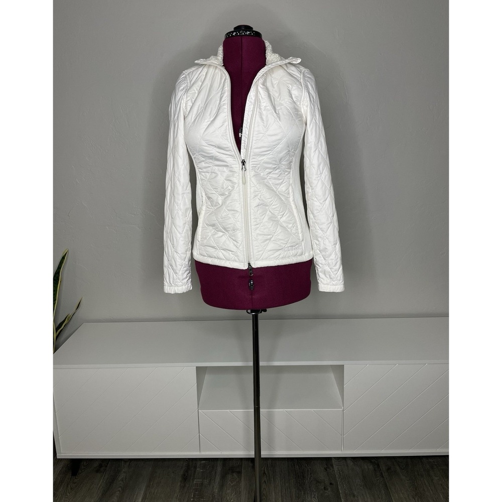 LL Bean Jacket Womens XS White Full Zip Sherpa Lined Quilted Insulated Mock Neck